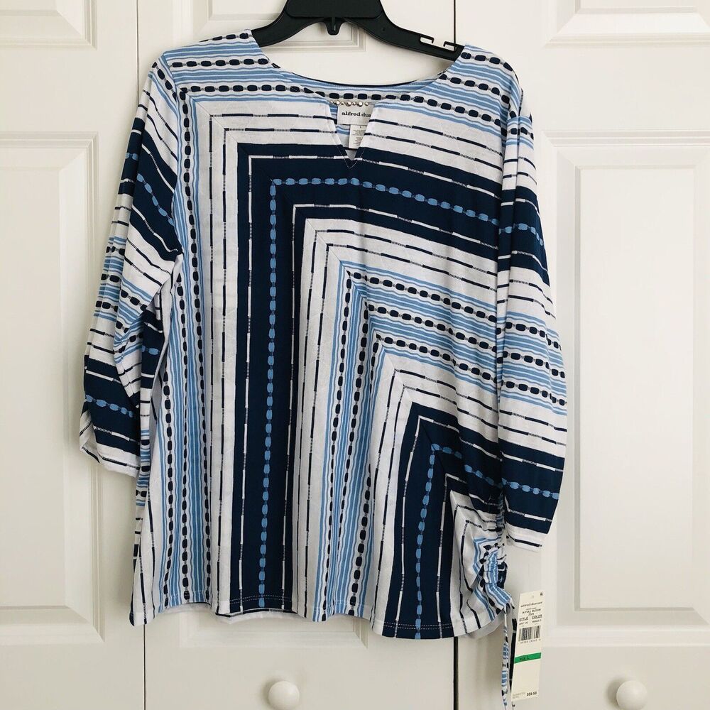 ALFRED DUNNER WOMEN'S TOP PULLOVER BEADED SPLICED TEXTURED STRIPE WHITE/BLUE 161